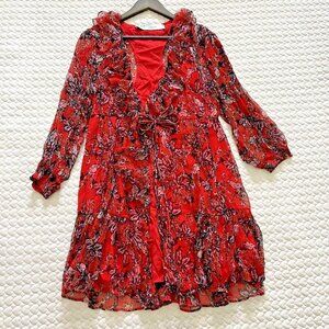 $565 NWT IRO Paris Cover Up Dress Size 34 Ruffle Red Floral Long Sleeves